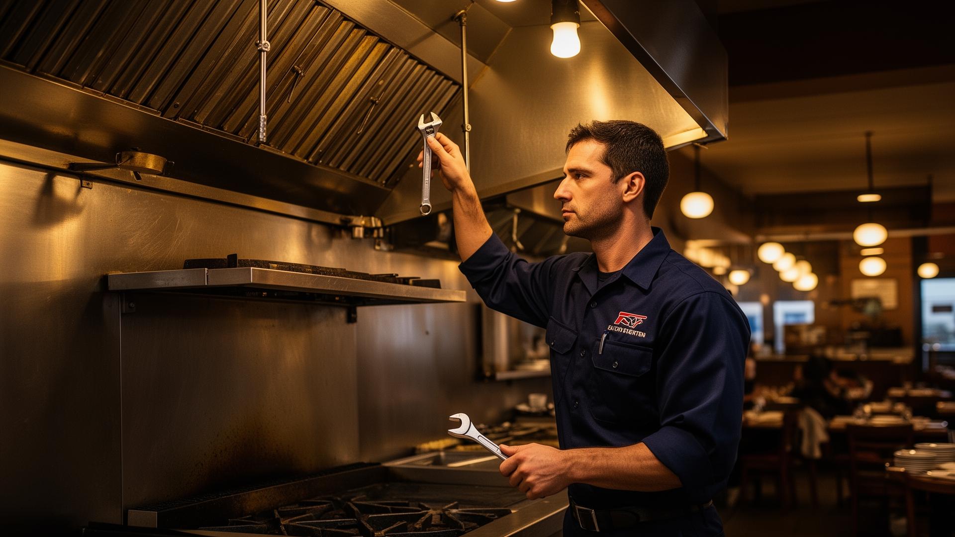 A&S technician repairing a commercial kitchen exhaust hood in Pasadena